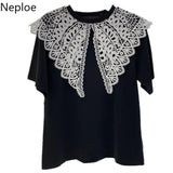 Woman Tshirts Lace Hollow Out Crochet Turn Down Collar Patchwork Short-sleeved Shirt Summer Casual Tops Clothing