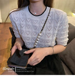 Summer New Round-Neck Color Love Knitted Blouse Women's Hollowed-Out Loose Lazy Wind Short-Sleeved T-Shirt As The Bottom-Outfit