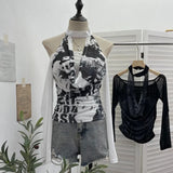 Hottie Hanging Neck A Word Shoulder Collar Long Sleeve Mesh Yarn T-Shirt