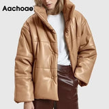 Aachoae Women High Street PU Leather Thin Parka Coats Fashion Solid Faux Leather Jacket Coat Female Chic Winter Cotton