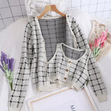 set 2022 Autumn Korea Style Vintage Check Gingham Plaid Cardigan V neck Single-breasted Button Tank Top Knitted Sweater