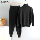 2022 2 Pieces Set Women Knitted Tracksuit Turtleneck Sweater + Carrot Jogging Pants Pullover Sweater Set CHIC Knitted