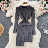 Irregular Solid Knitted Short Dress O Neck Long Sleeve Fashion Bodycon Dress Women Winter Streetwear OL Warm