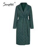 Simplee Fashion female winter windproof jacket Casual sashes women winter parka Long straight coat with rhombus pattern