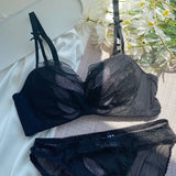 Lace Embroidery Feather Underwear Wireless Sexy Deep V Push Up Bra Set Small Breasts Thicken Brassiere and