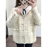 Winter Elegant Plaid Mink Fleece Coat Women Korean Lapel Pearl Button Sweater Cardigan Casual Cashmere Knitted Jacket