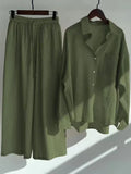Linen Shirts Wide Leg Elastic Waist Pants Women Casual Sets Elegant Loose Long Sleeve Lapel 2023 Autumn Shirt Y2k Suit-Outfit