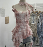 Shooting Retro Tie-Dye-Print Mesh Sling Sling Sling Vest Irregular Lotus Leaf Edge Ribbon Sleeveless Top