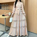 Gentle Style Dress Spring Dress Design Hollow Lace Splicing Bubble Sleeve Dress Holiday