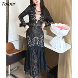 Women Evening Dress Mujer Black Floral Hollow See Through Sexy O-Neck Midi Dresses Party Gown Robe Femme Vestidos