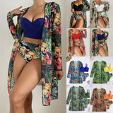 Toloer New Sexy Bikini Mesh Three-Piece Set Gathered Print Split Swimsuit