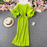 Elegant Women French Style Platycodon Grandiflorum Fairy Ruffled Flare Sleeve Pleated Solid Long Dresses