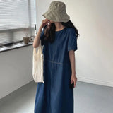 Toloer Chic Summer Retro Temperament Round Collar Bright Line Design Sense Loose Casual Short-Sleeved Denim Dress Female-Outfit
