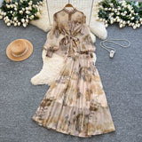 Temperament Two Sets Of Female High-Grade Style Straps To The Waist Lantern Sleeve Print Chiffon Top + High Waist