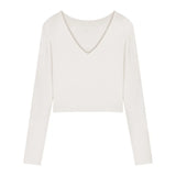 Toloer Women's Short Slim Long Sleeve With Bottom Shirt Autumn 2024 New Sexy V-Neck Collarbone Student Top