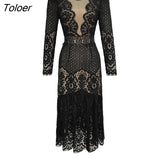 Women Evening Dress Mujer Black Floral Hollow See Through Sexy O-Neck Midi Dresses Party Gown Robe Femme Vestidos