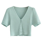 Aachoae Women Cropped Knitted Cardigan Sweater Sexy V Neck Short Sleeve Cardigan Female Solid Single Breasted Outerwear