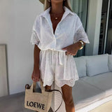/ Summer 2024 Women's New Solid Color Embroidered Lace Shirt Jumpsuit Suit-Outfit
