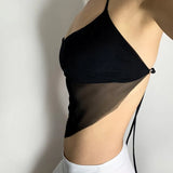 Toloer Early Winter Women's 2024 Fashion New Square Perspective Mesh Pleated Back Strap Vest-Outfit