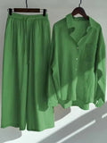 Linen Shirts Wide Leg Elastic Waist Pants Women Casual Sets Elegant Loose Long Sleeve Lapel 2023 Autumn Shirt Y2k Suit-Outfit