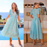 New Dress Spring Lace Mid-Swear Temper Commuting High-Waisted Green V-Neck