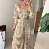 Chic Autumn Style Style Thin Square Collar Ink Print Waist Long Pleated Dress With Belt Woman-Outfit