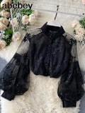 Retro Mesh Lace Tops Women's Stand Collar 3D Embroidered Long Lantern Sleeve Court Slim Shirt Elegant Blouse