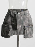 Women Denim Skirt Camouflage Slim Spliced Multiple Pockets Zippers Lace Up Belt Mini Skirts 2024 Summer New Fashion 29L244-Outfit