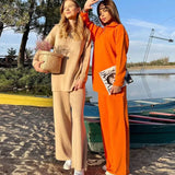 Casual Autumn Loose Knit Sweater Set Fashion Zip Lapel Long Sleeve Pullover Sweater & Straight Pants Two-piece