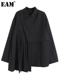 Women Black Irregular Pleated Big Size Blouse New Lapel Long Sleeve Loose Fit Shirt Fashion Spring Autumn 2023