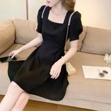 Toloer Dress Female Summer French 2024 New Temperament Closed Waist Show Thin Design Feeling Square Collar Hepburn Wind Dress-Outfit