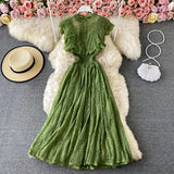 Purple/Green/Red Lace Midi Dress Women Sweet Round Neck Ruffle Vestidos Female High Waist Slim Robe Spring Autumn