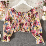 one-shoulder floral lace tie ruffled chiffon shirt female pleated was thin puff sleeve bottoming