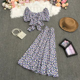 New Summer Fashion V-neck puff sleeve short Shirt Top + high waist pleated waist floral Skirt 2-piece