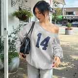 Number Printed One Shoulder Loose Sweatshirt-Outfit