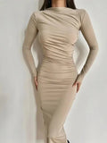 Women Slash Neck Slim Fit Sheath Sexy Long Dresses Full Sleeve Hip Wrap Splice Gown Vestidos Pleated High Waist 2024-Outfit