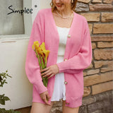 Simplee Casual v-neck knitted cardigan women Autumn winter lantern sleeve button female cardigan Fashion ladies oversize