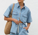 2025 New Vintage Casual Pocket Short Sleeve Shirt Shorts Denim Set