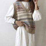 Autumn Spring 2021 Knitted Sleeveless Sweater Women Retro Color Contrast Loose Vest