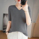 Toloer The Summer Of 2024, Women's Knit Short Sleeve Korean V-Neck Solid Color T-Shirt And A Pit Top-Outfit