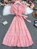 New Summer Women Temperament All-match V-neck puff sleeve Dress waist slim hollow out solid