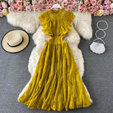 Purple/Green/Red Lace Midi Dress Women Sweet Round Neck Ruffle Vestidos Female High Waist Slim Robe Spring Autumn