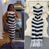 Slimming Striped Tuxedo Sweater Dress With Thin Knitted Dress Temperament
