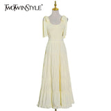 Minimalist Solid Dress For Females Square Collar Sleeveless High Waist Self Tie Bowknot Summer Women's Dresses