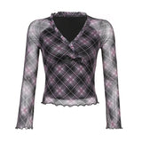 Girl Style Bowknot Splicing V-Neck Slim Checkered Mesh T-Shirt 2023 Autumn New Style Vintage Blouse-Outfit