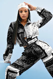 Bandana Print Two Piece Set Causal Paisley Print Long Sleeve Zippers Short Jacket Tops Jogger Pants Suit Outfit Street