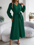 Autumn And Winter Temperament Elegant V-Neck Button Tie With Big Swing 100 Folds Long Dress Dress Women's