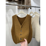 Solid Color Sleeveless Cardigan Knitted Vest 2024 Autumn And Winter New Style Folded Sweater Women's Dress-Outfit