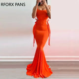 Women Solid Elegant Glamourous Tank Midriff Lace Up Shirring Silt Maxi Mermaid Bodycon Party Formal Dress-Outfit
