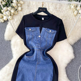 Net Red New Niche Round Collar Short Sleeve Splicing Denim Dress Women Senior Feel Waist-Wear Two Long